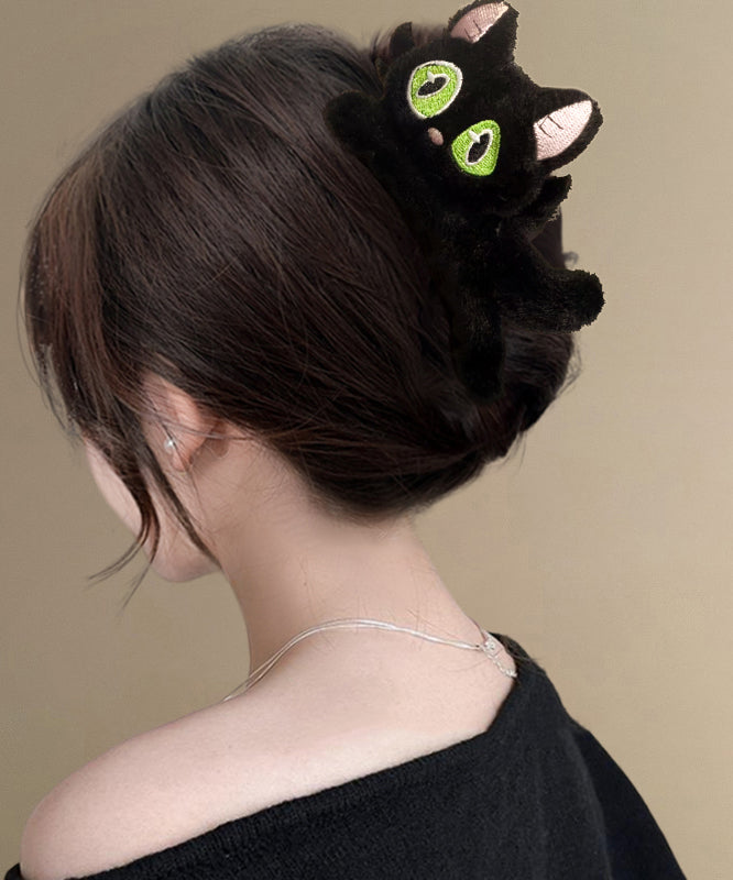 Cute Black Alloy Fuzzy Fur Fluffy Little Cats Hairpin