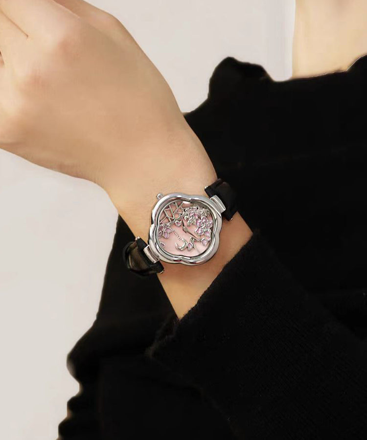 Cute Black Metal Leather Hardlex Crystal Watches