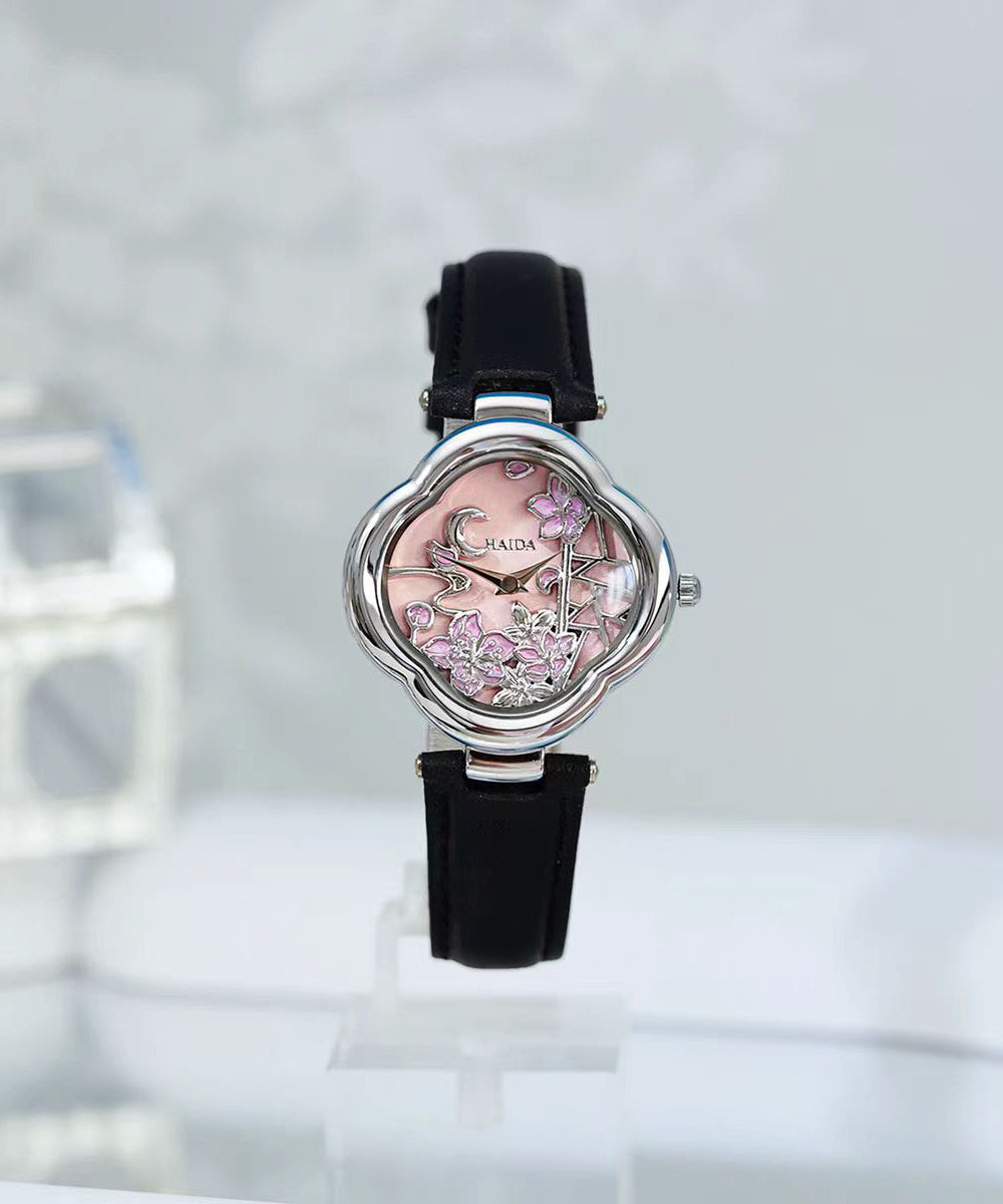 Cute Black Metal Leather Hardlex Crystal Watches