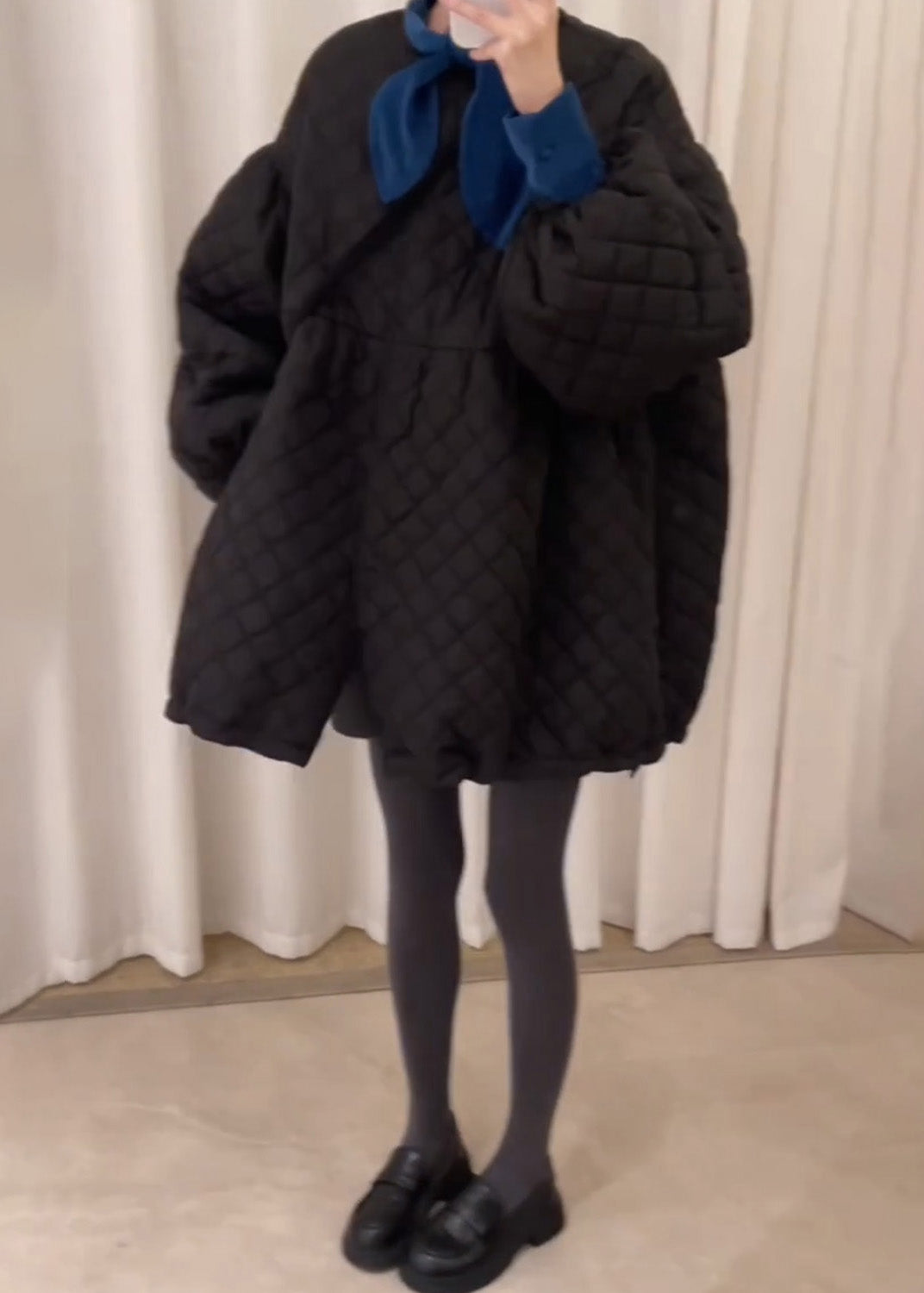 Cute Black Oversized Plaid Fine Cotton Filled Dresses Lantern Sleeve