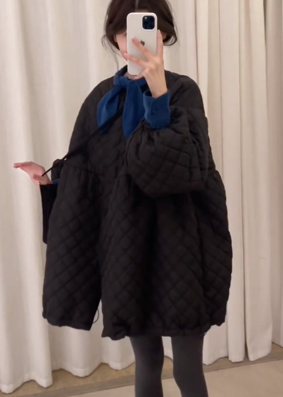 Cute Black Oversized Plaid Fine Cotton Filled Dresses Lantern Sleeve