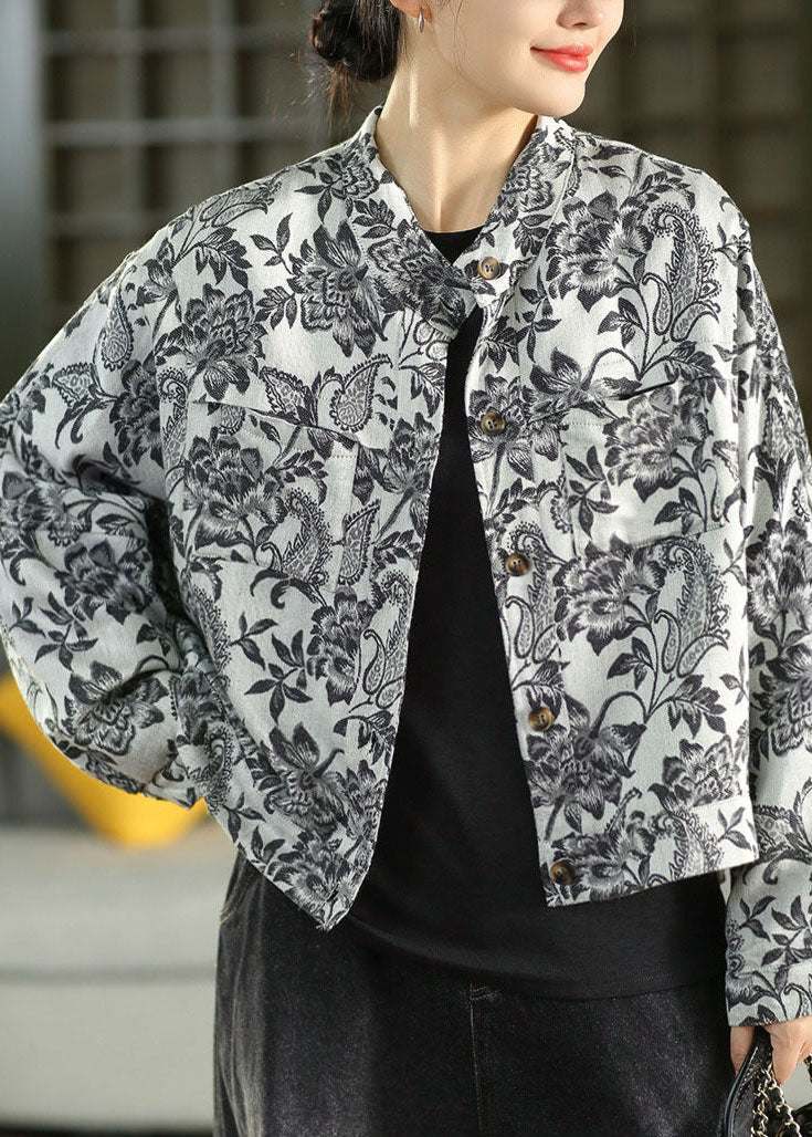 Cute Black Stand Collar Print Button Linen Coat Fall