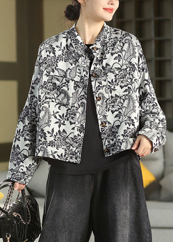 Cute Black Stand Collar Print Button Linen Coat Fall