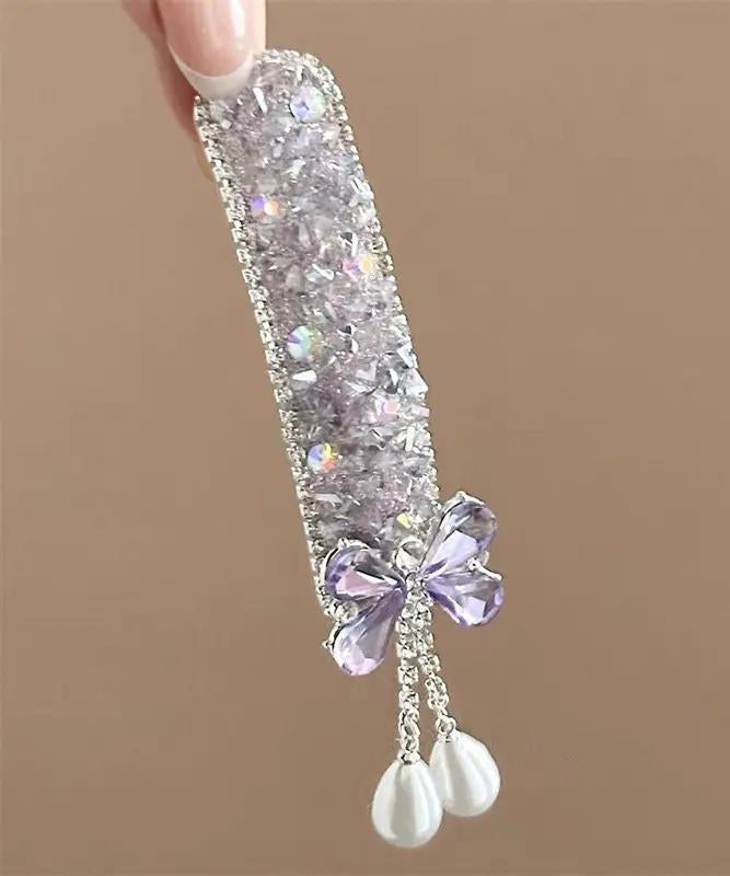 Cute Blue Alloy Bow Zircon Pearl Tassel Hairpin