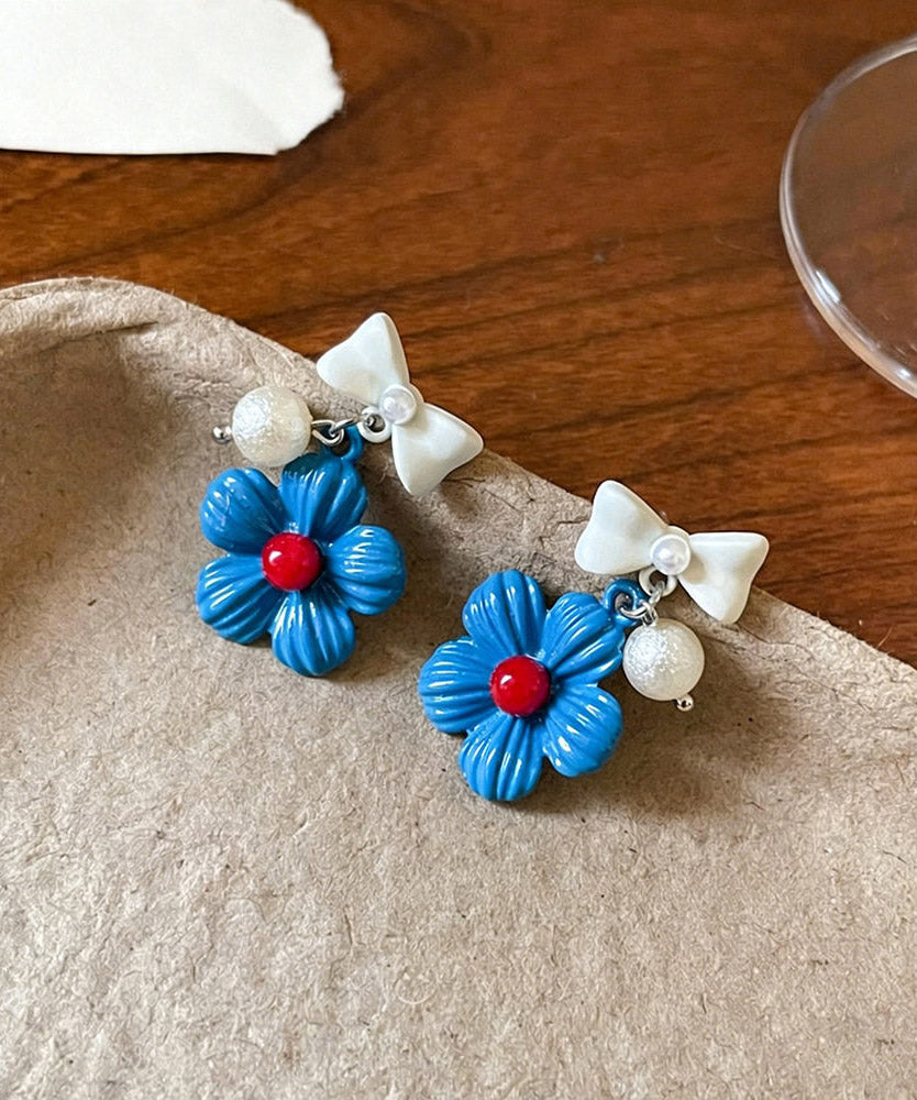 Cute Blue Copper Dripping Glaze Floral Bow Drop Earrings