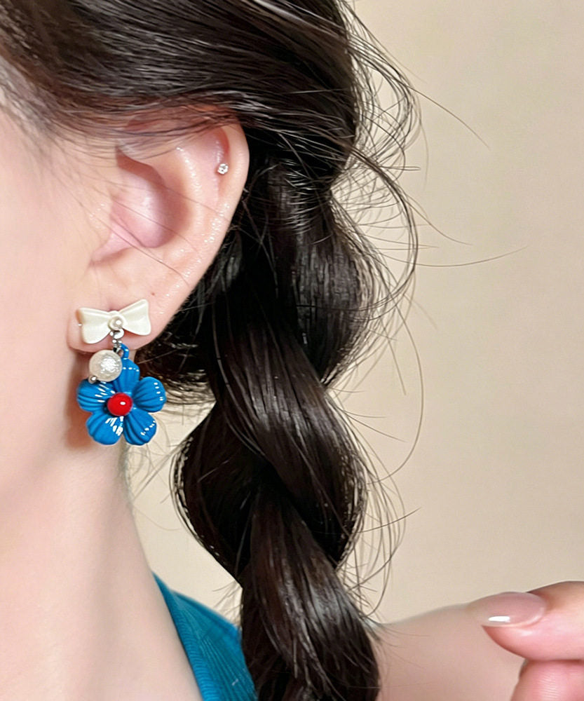 Cute Blue Copper Dripping Glaze Floral Bow Drop Earrings