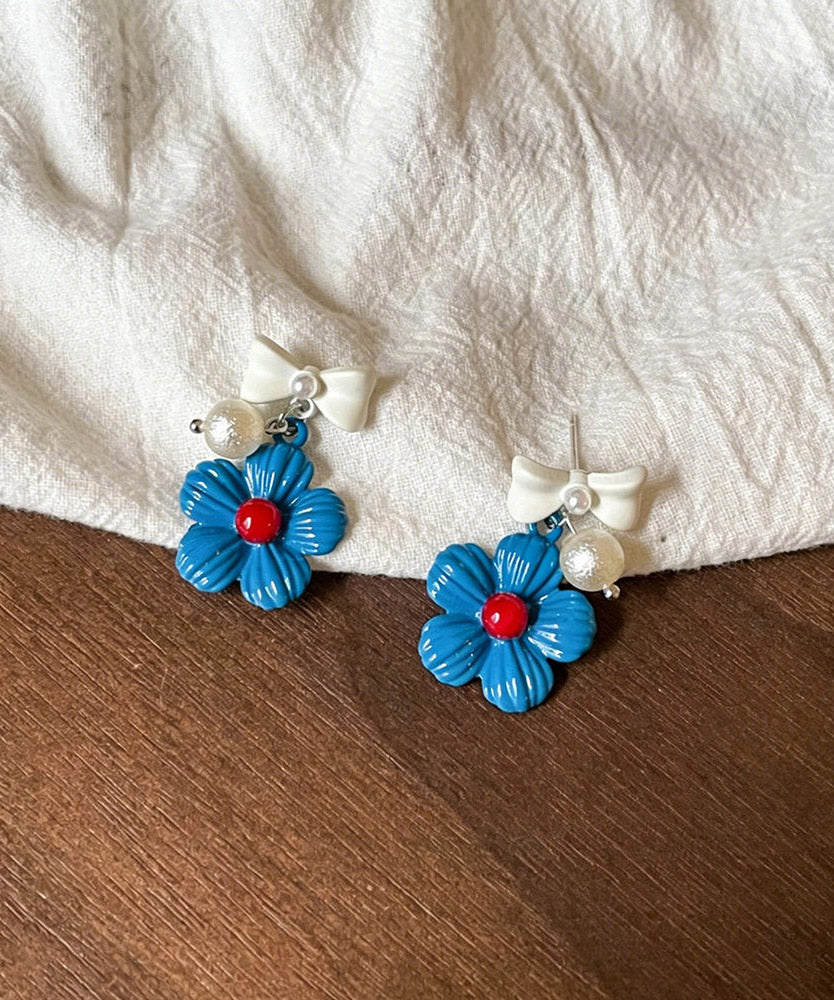 Cute Blue Copper Dripping Glaze Floral Bow Drop Earrings