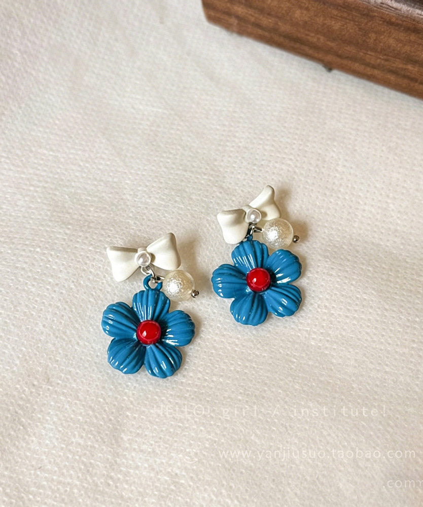 Cute Blue Copper Dripping Glaze Floral Bow Drop Earrings