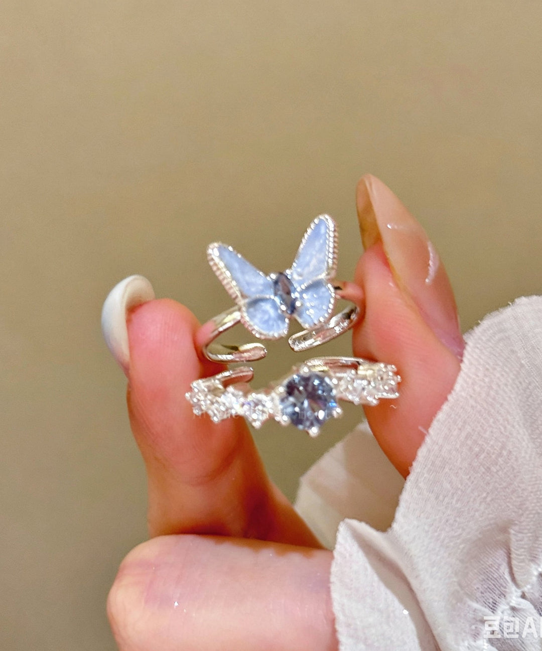 Cute Blue Copper Zircon Butterfly Rings Two-Piece Set