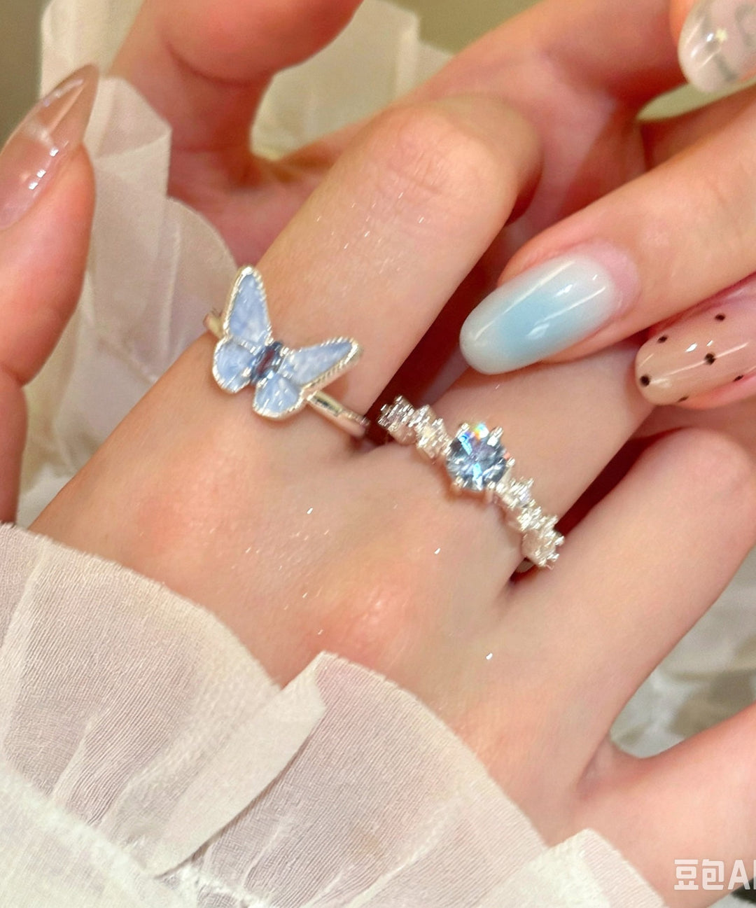 Cute Blue Copper Zircon Butterfly Rings Two-Piece Set