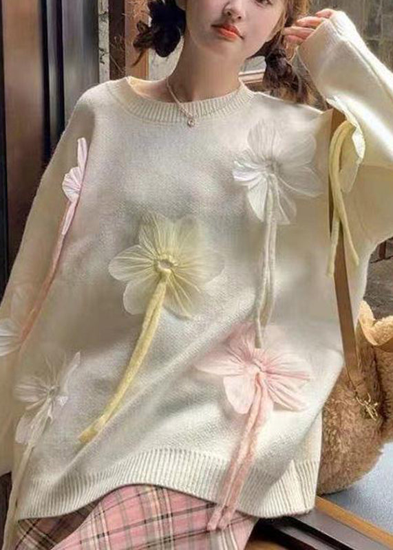 Cute Blue O-Neck Floral Thick Cotton Knit Sweater Fall