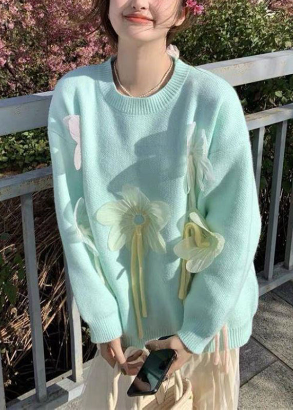 Cute Blue O-Neck Floral Thick Cotton Knit Sweater Fall