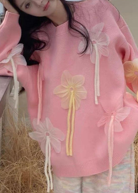 Cute Blue O-Neck Floral Thick Cotton Knit Sweater Fall