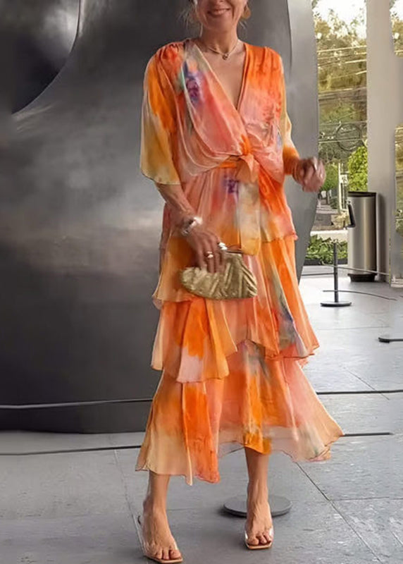 Cute Blue O-Neck Print Chiffon Long Dress Short Sleeve