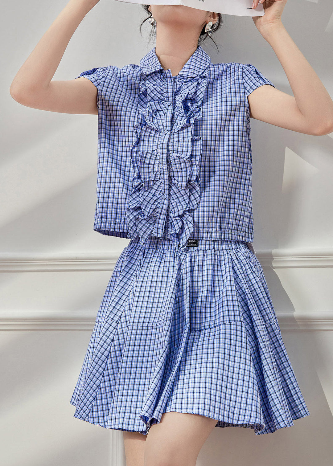 Cute Blue Plaid Peter Pan Collar Shirt And Skirts Two Piece Set Summer