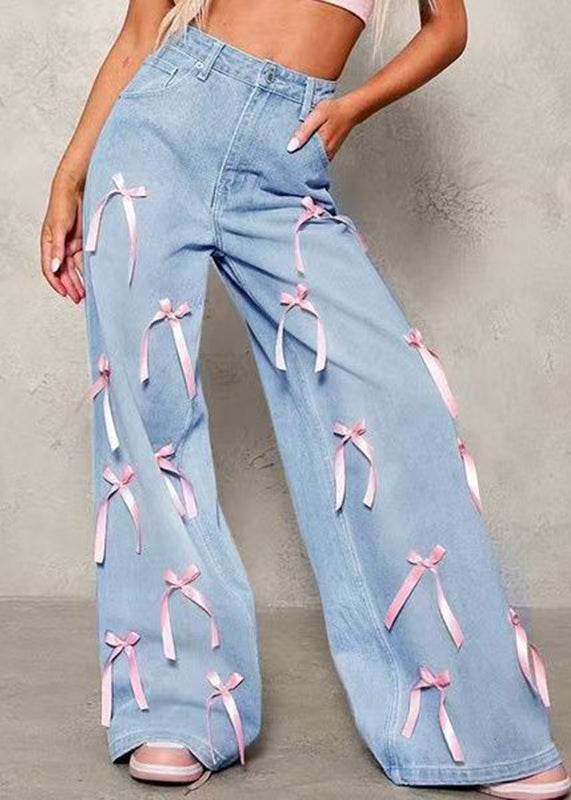 Cute Blue Pockets Patchwork Bow Wide Leg Jeans