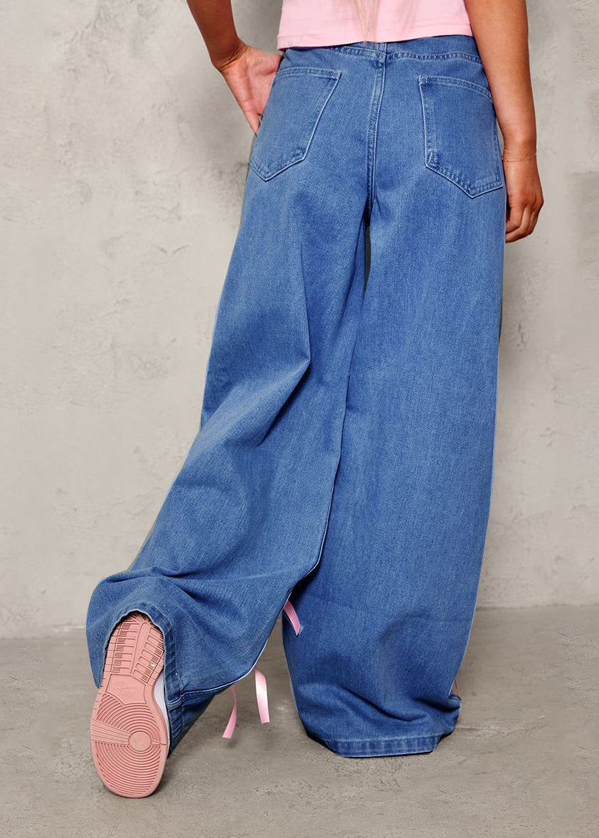 Cute Blue Pockets Patchwork Bow Wide Leg Jeans