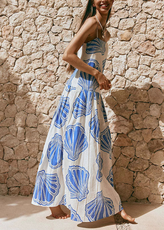 Cute Blue Print Long Spaghetti Strap Dress Summer