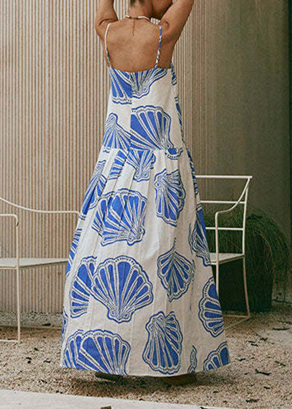 Cute Blue Print Long Spaghetti Strap Dress Summer