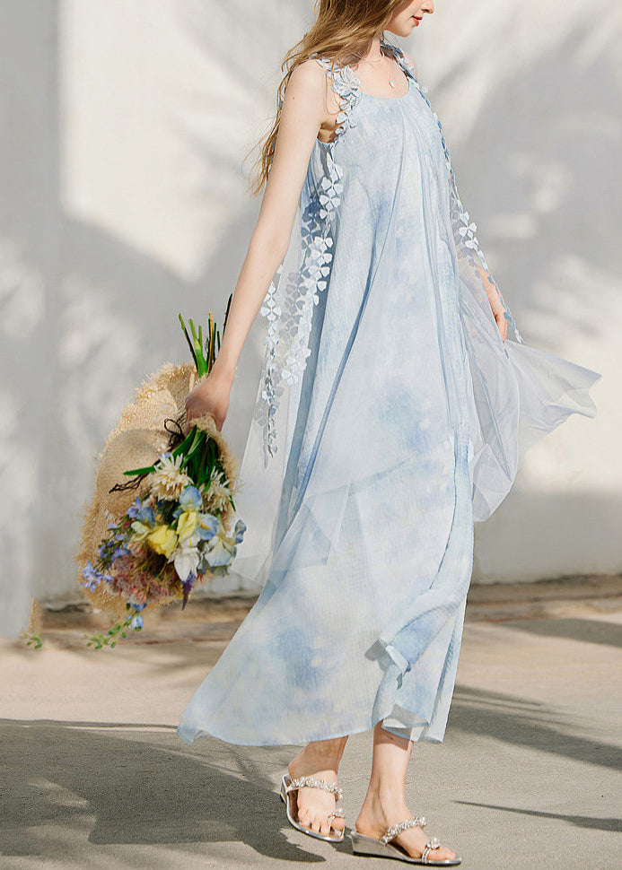 Cute Blue Print Silk Maxi Holiday Spaghetti Strap Dress Sleeveless
