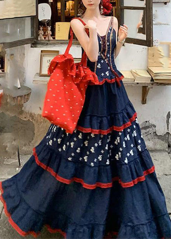 Cute Blue V Neck Print Patchwork Party Long Dress Summer