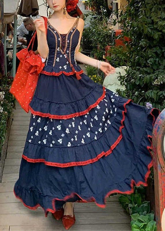 Cute Blue V Neck Print Patchwork Party Long Dress Summer