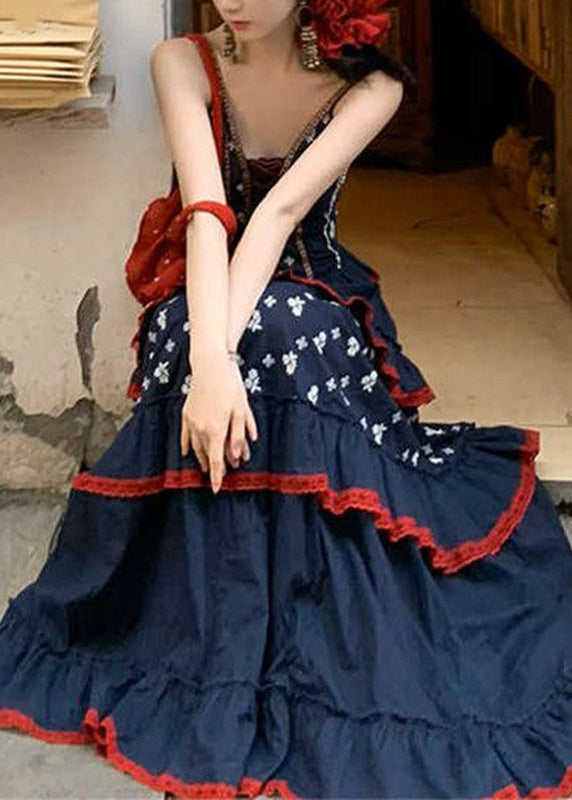 Cute Blue V Neck Print Patchwork Party Long Dress Summer
