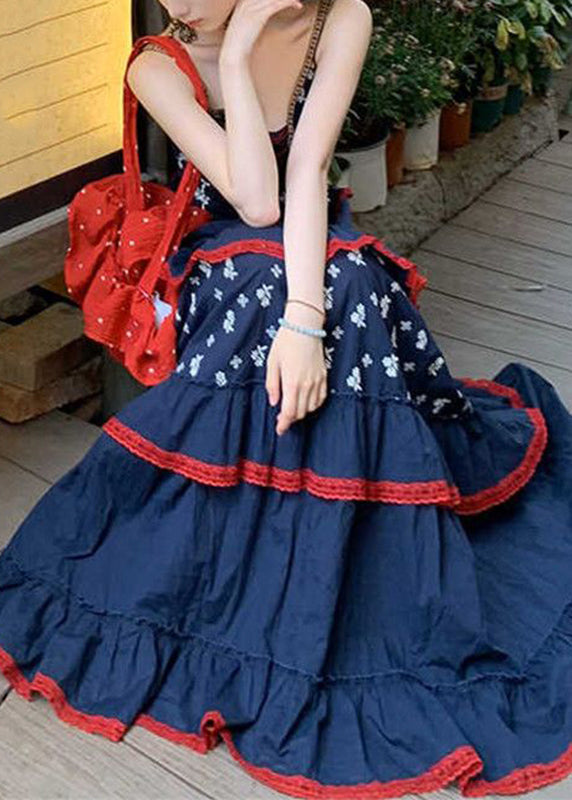Cute Blue V Neck Print Patchwork Party Long Dress Summer