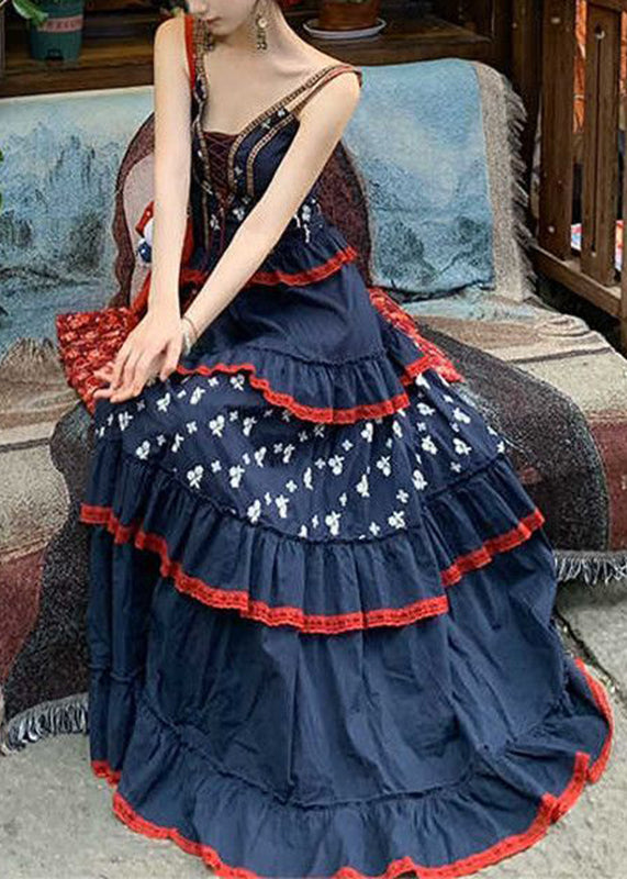 Cute Blue V Neck Print Patchwork Party Long Dress Summer
