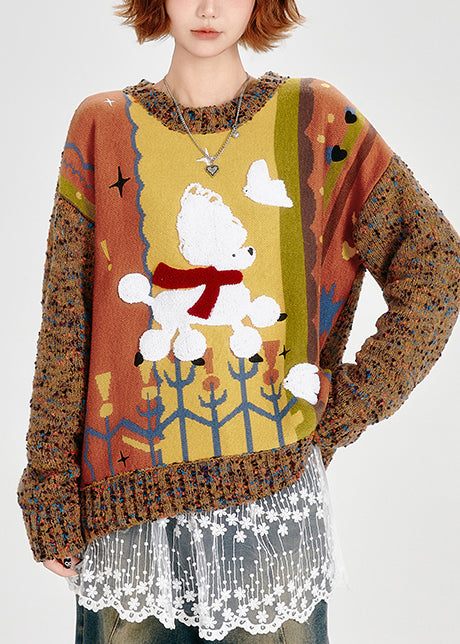 Cute Brown Oversized Patchwork Thick Knit Sweater Winter