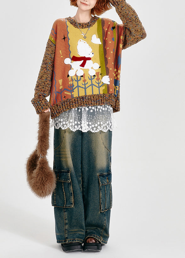 Cute Brown Oversized Patchwork Thick Knit Sweater Winter