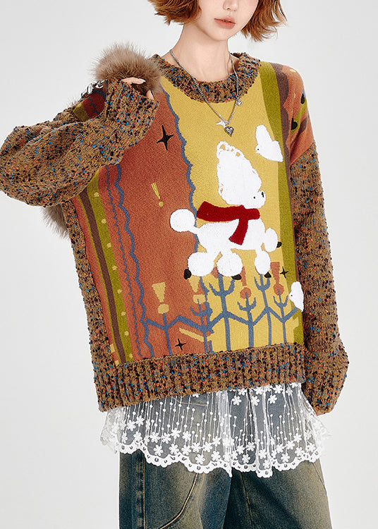 Cute Brown Oversized Patchwork Thick Knit Sweater Winter