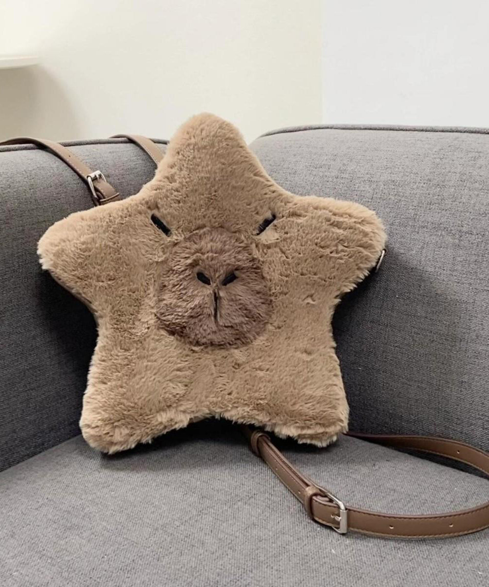 Cute Brown Star-Shaped Capybara Fuzzy Fur Fluffy Backpack Bag