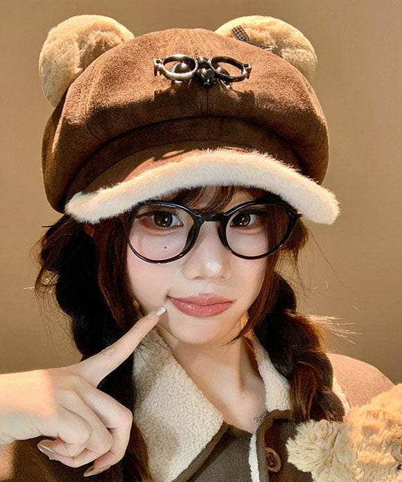 Cute Coffee Cartoon Glasses Suede Winter Warm Breton Hat