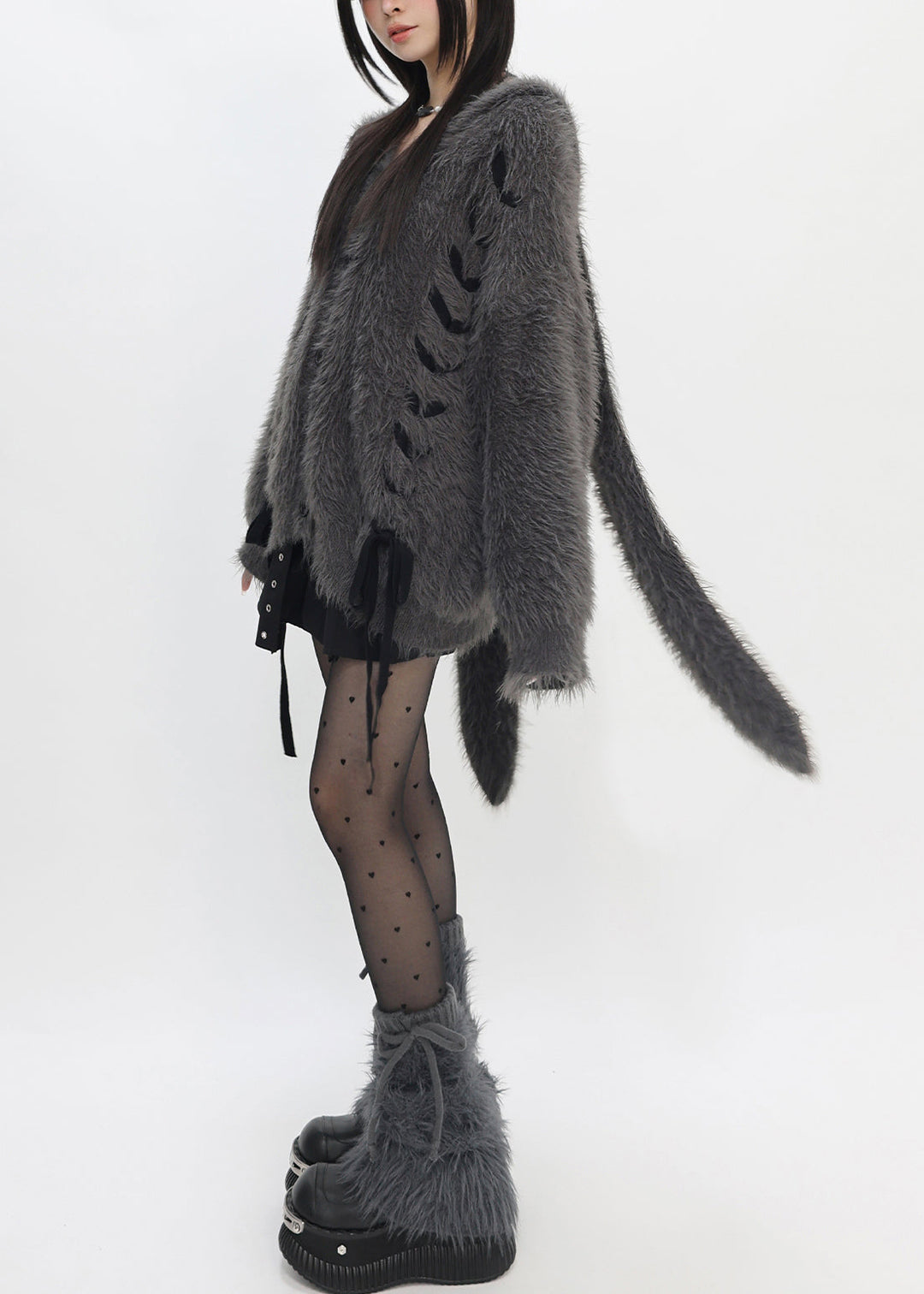 Cute Dull Grey Hooded Rabbit Faux Mink Hair Knit Loose Coat Winter