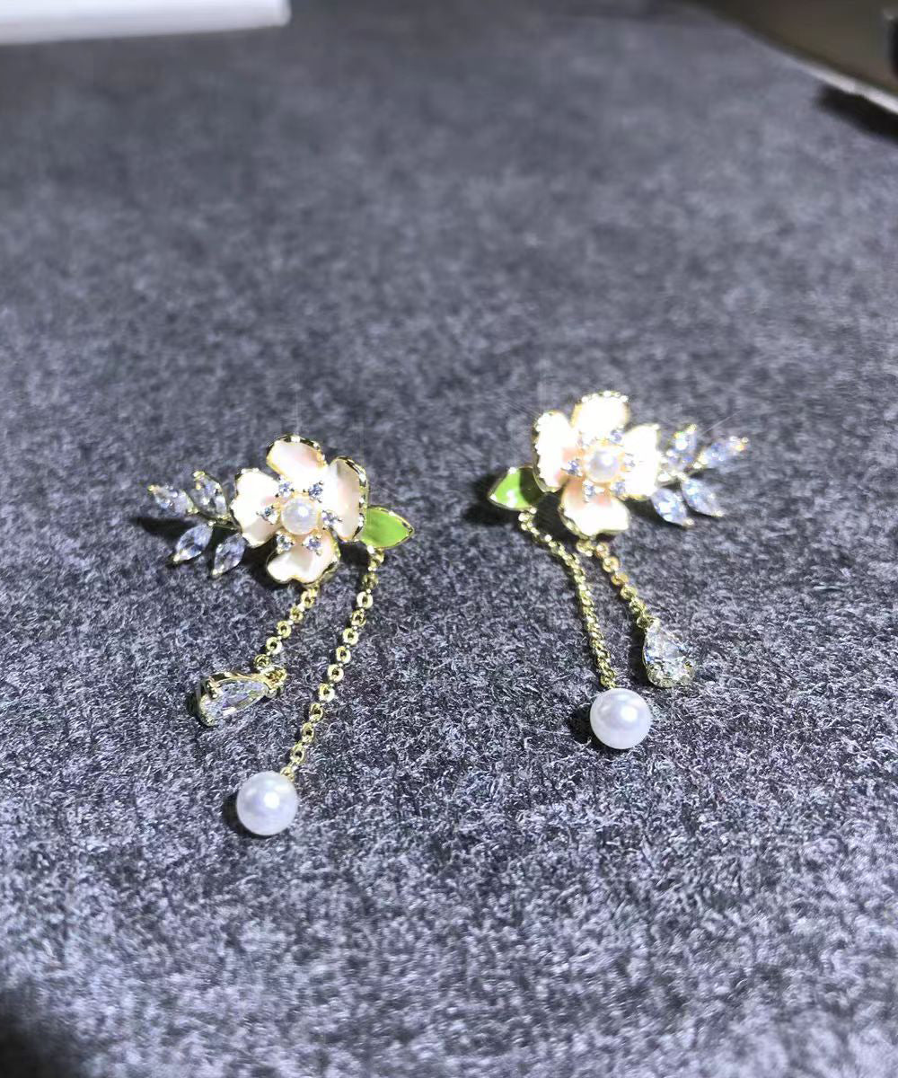 Cute Gold Alloy Zircon Pearl Dripping Glaze Floral Tassel Drop Earrings