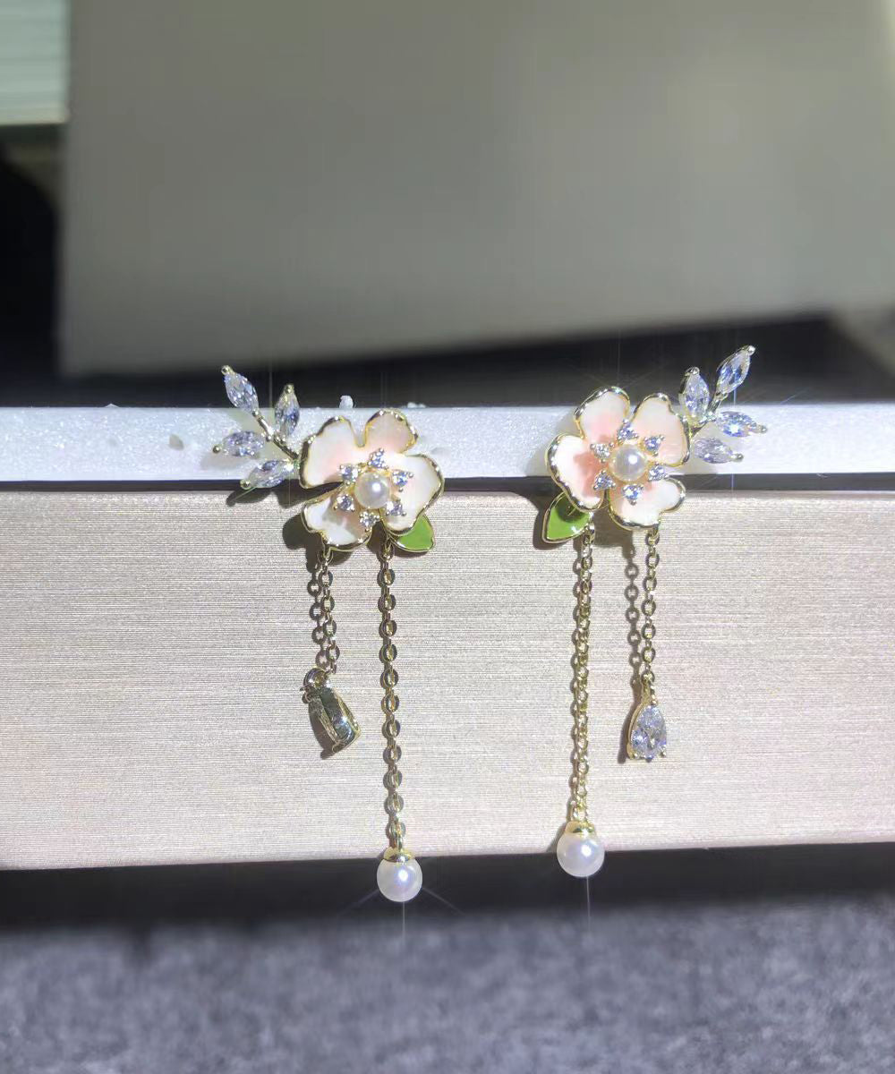 Cute Gold Alloy Zircon Pearl Dripping Glaze Floral Tassel Drop Earrings