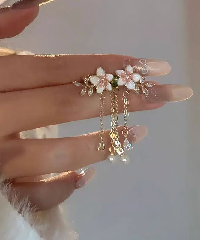 Cute Gold Alloy Zircon Pearl Dripping Glaze Floral Tassel Drop Earrings