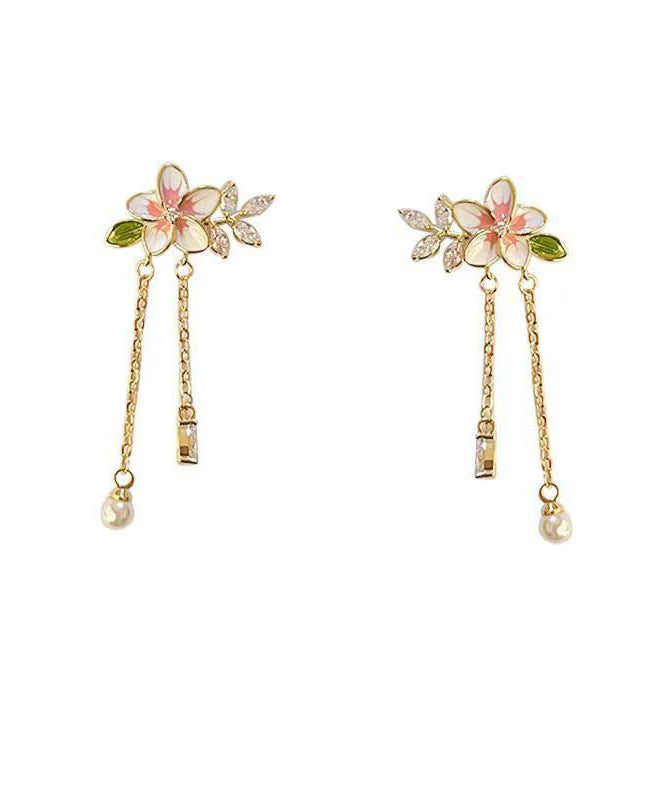 Cute Gold Alloy Zircon Pearl Dripping Glaze Floral Tassel Drop Earrings