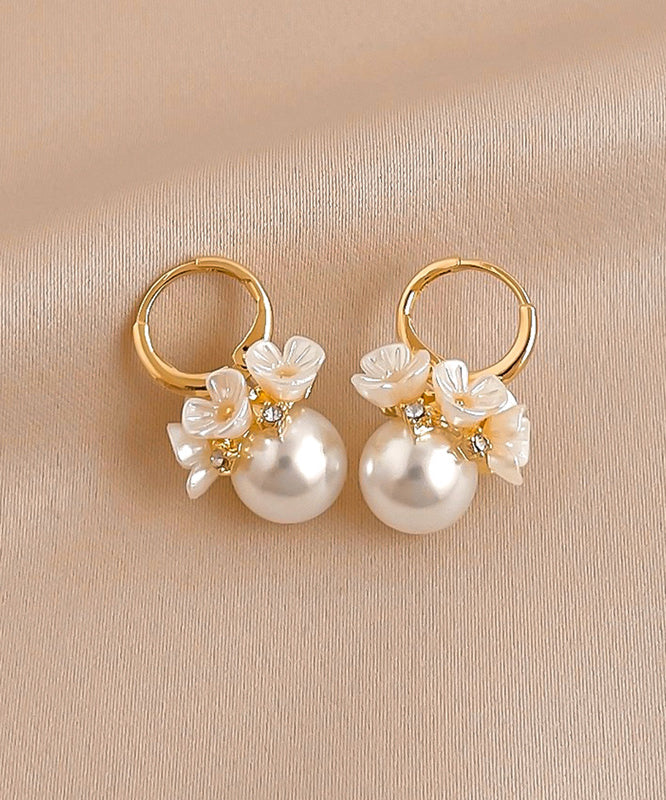 Cute Gold Alloy Zircon Pearl Floral Hoop Earrings