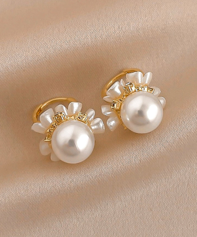 Cute Gold Alloy Zircon Pearl Floral Hoop Earrings