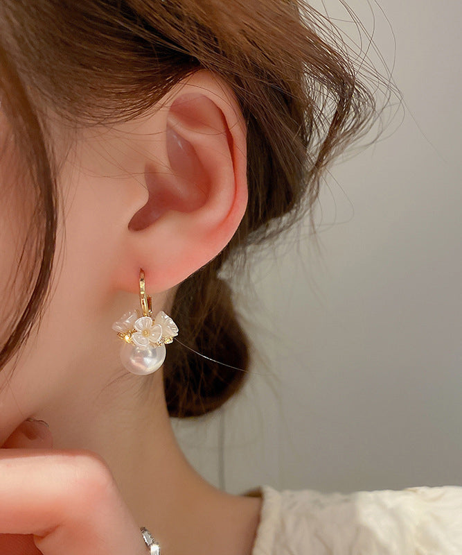 Cute Gold Alloy Zircon Pearl Floral Hoop Earrings