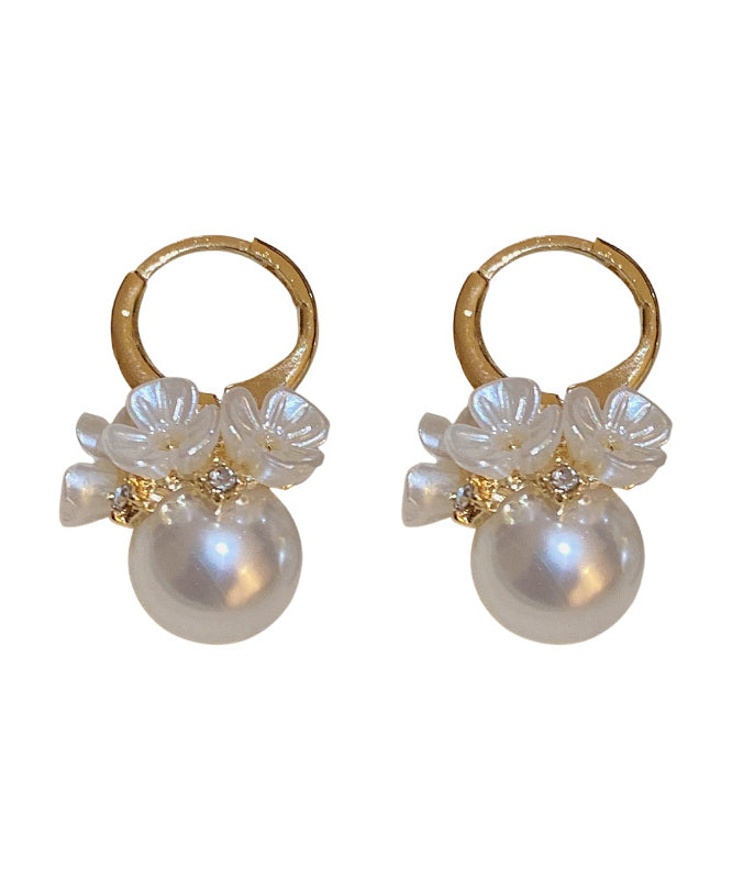 Cute Gold Alloy Zircon Pearl Floral Hoop Earrings