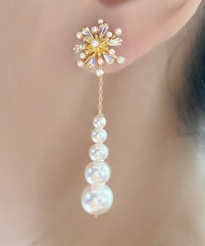 Cute Gold Copper Overgild Pearl Zircon Tassel Drop Earrings