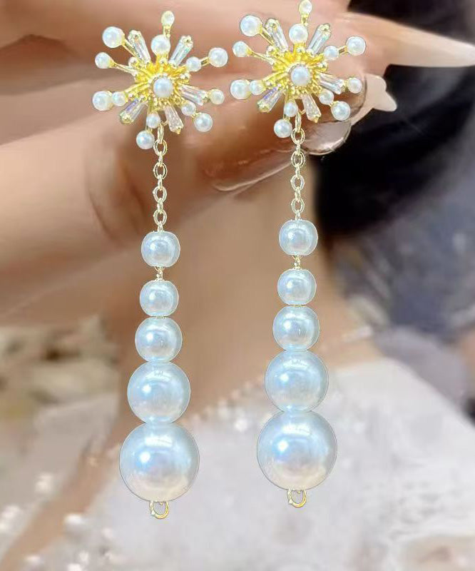 Cute Gold Copper Overgild Pearl Zircon Tassel Drop Earrings