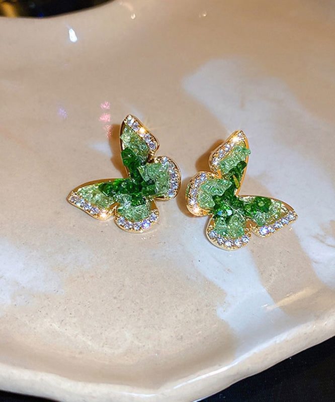 Cute Green Copper Zircon Crystal Butterfly Stud Earrings