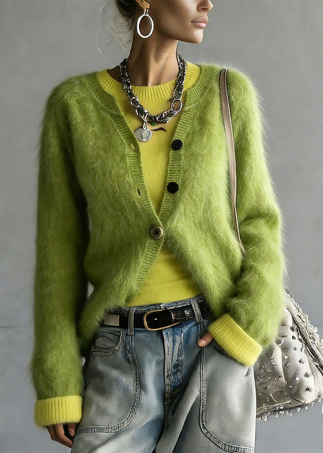 Cute Green V Neck Cotton Knit Cardigan And Top Two Pieces Set Spring - Omychic