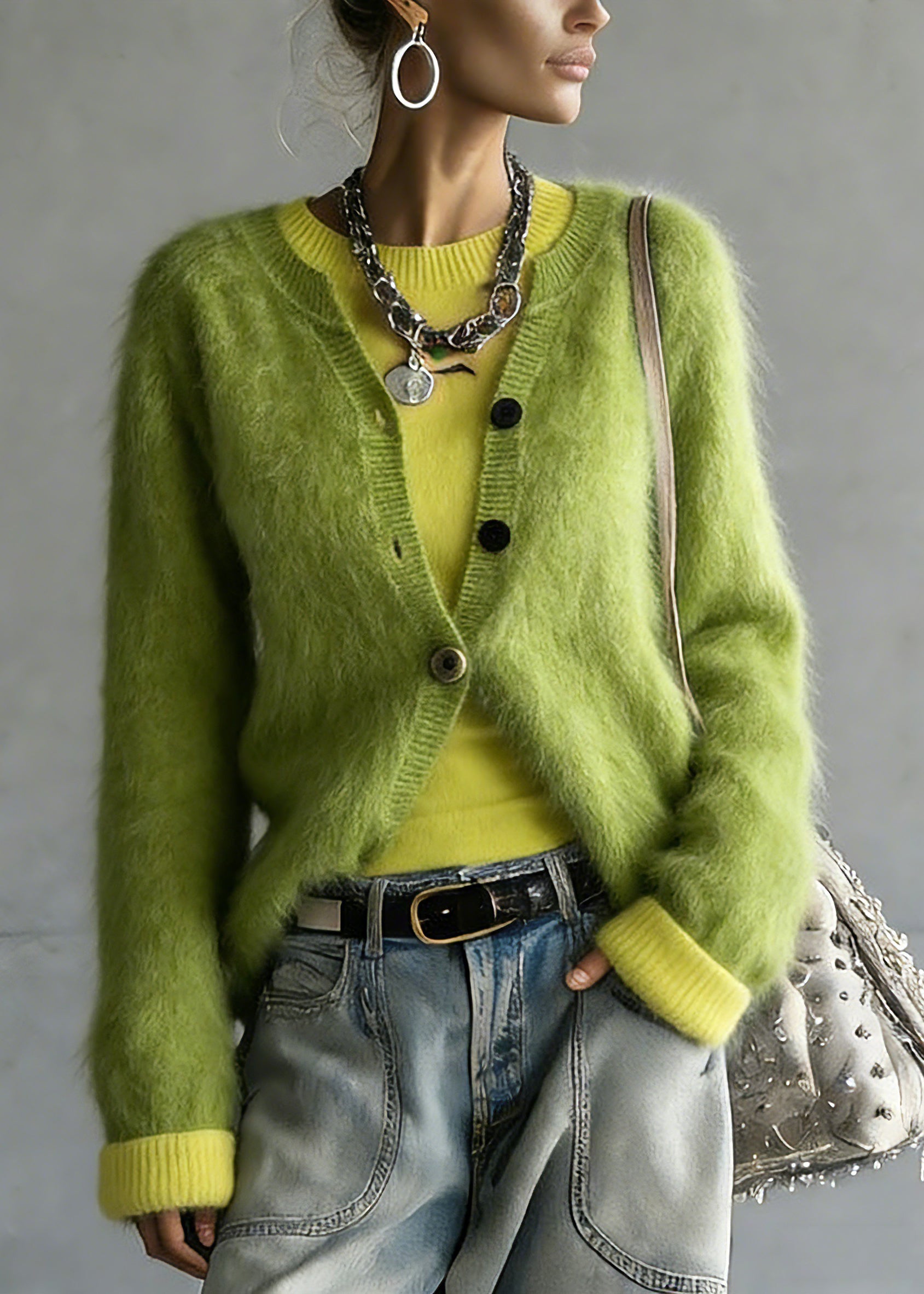 Cute Green V Neck Cotton Knit Cardigan And Top Two Pieces Set Spring - Omychic