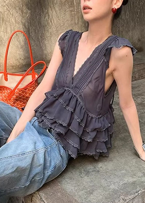 Cute Grey V Neck Ruffled Lace Patchwork Chiffon Vest Summer