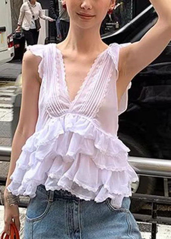 Cute Grey V Neck Ruffled Lace Patchwork Chiffon Vest Summer